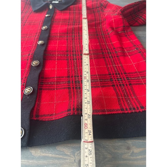 VTG Cathy Daniels Red Black Plaid Gold Accent Button Cardigan Sweater Women L - Picture 8 of 11